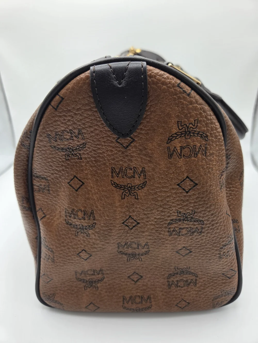 Authentic MCM Cognac Visetos Boston Bag Satchel with Black Handles